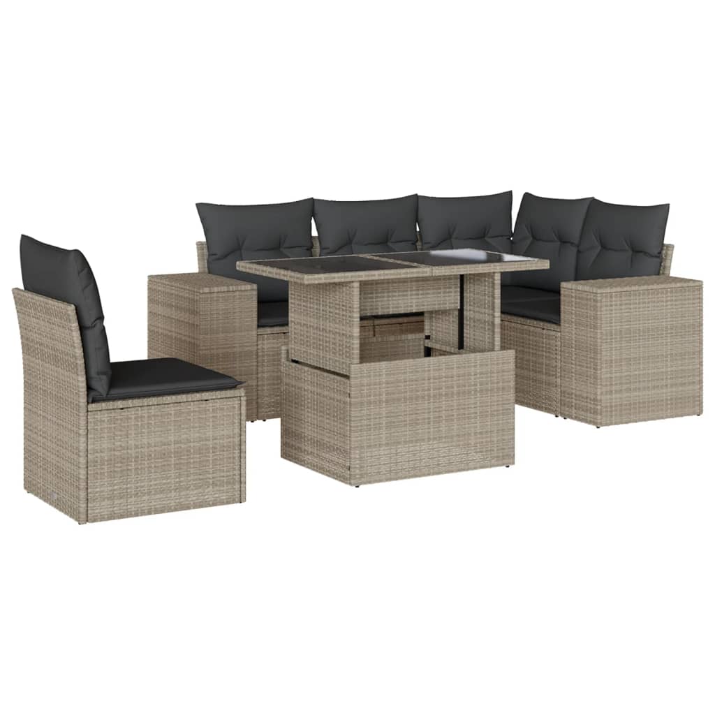 6-delige Loungeset met kussens poly rattan lichtgrijs