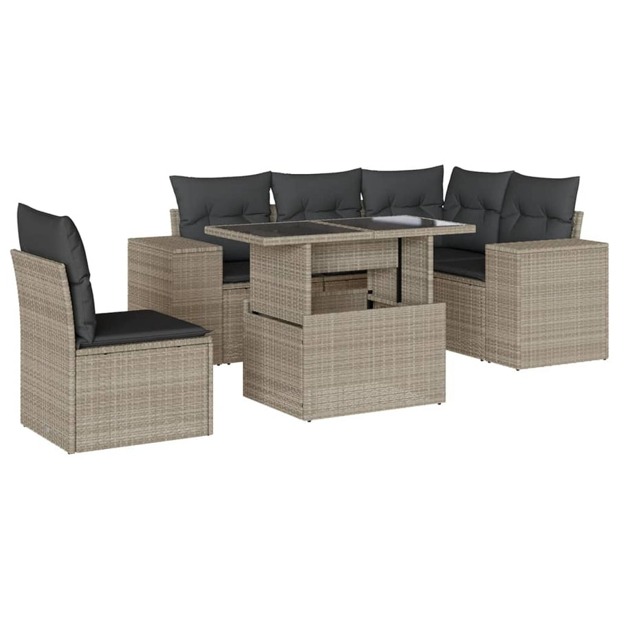 6-delige Loungeset met kussens poly rattan lichtgrijs