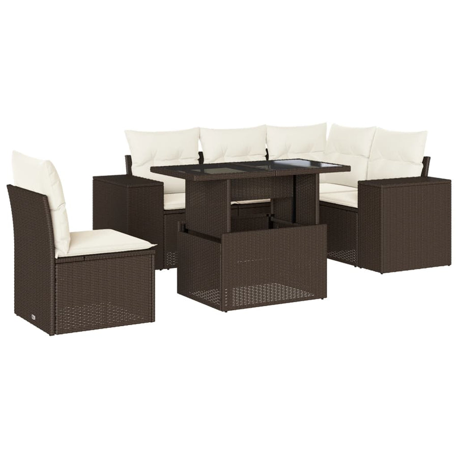 6-delige Loungeset met kussens poly rattan bruin