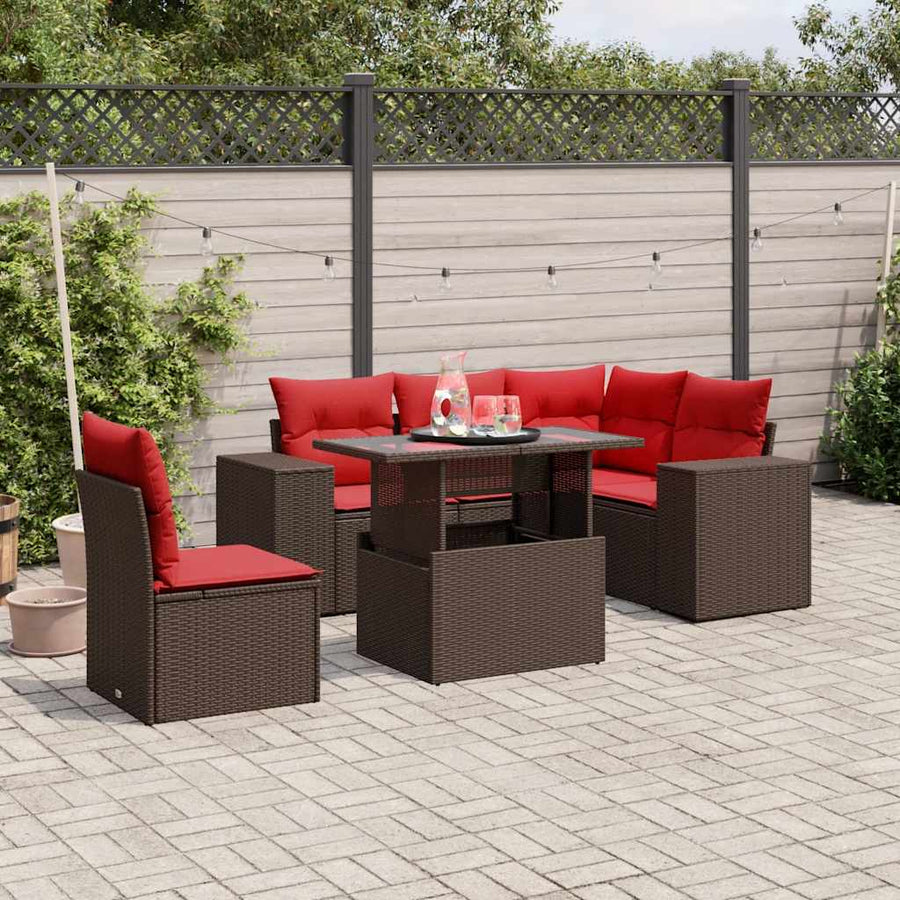 6-delige tuinbankset met kussens, bruin polyrotan