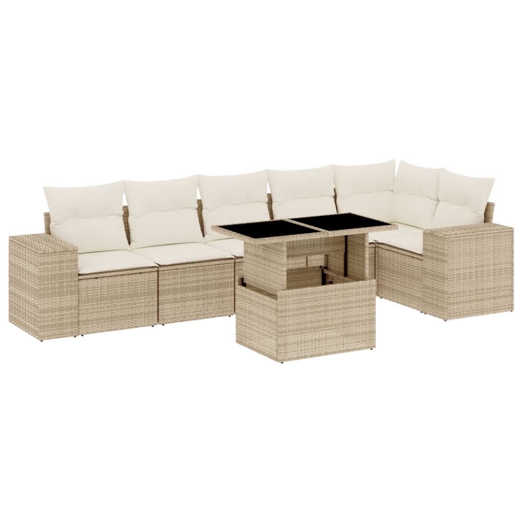 7-delige Loungeset met kussens poly rattan beige