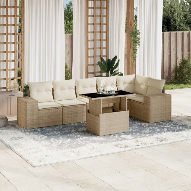 7-delige Loungeset met kussens poly rattan beige