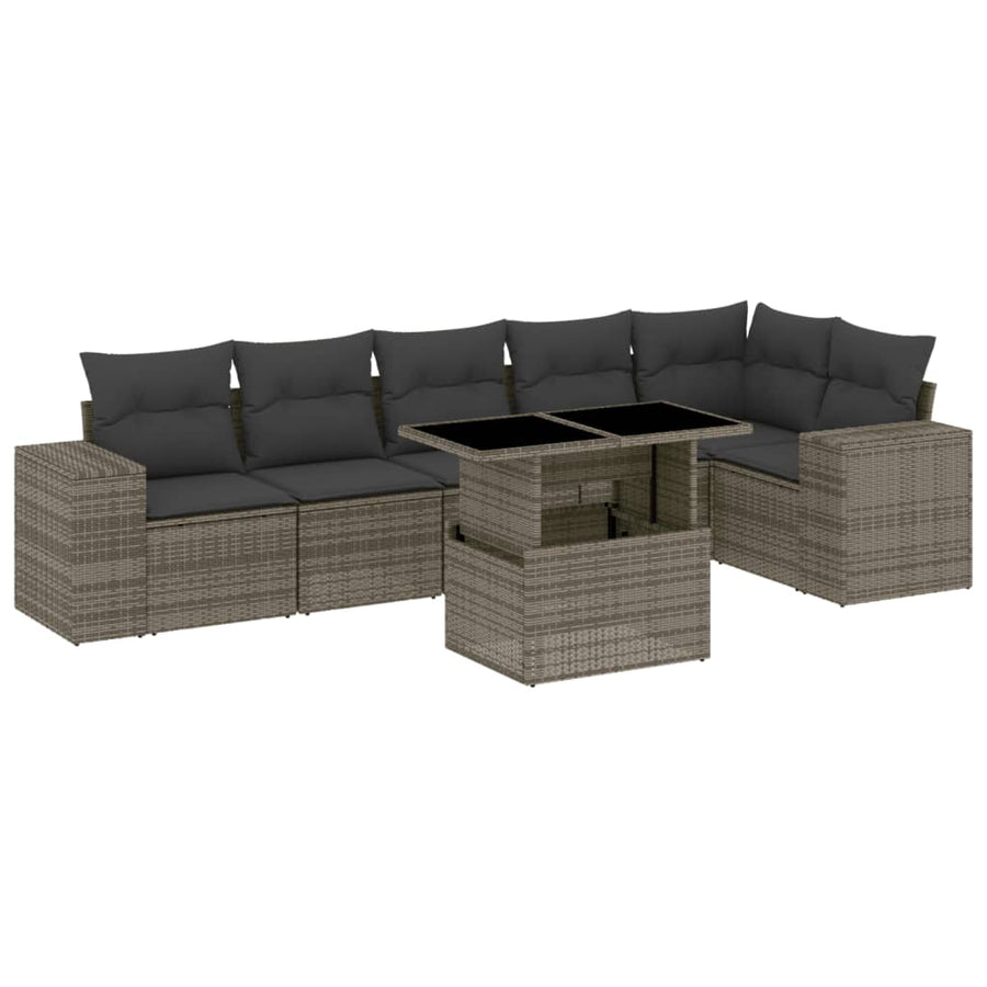 7-delige Loungeset met kussens poly rattan grijs