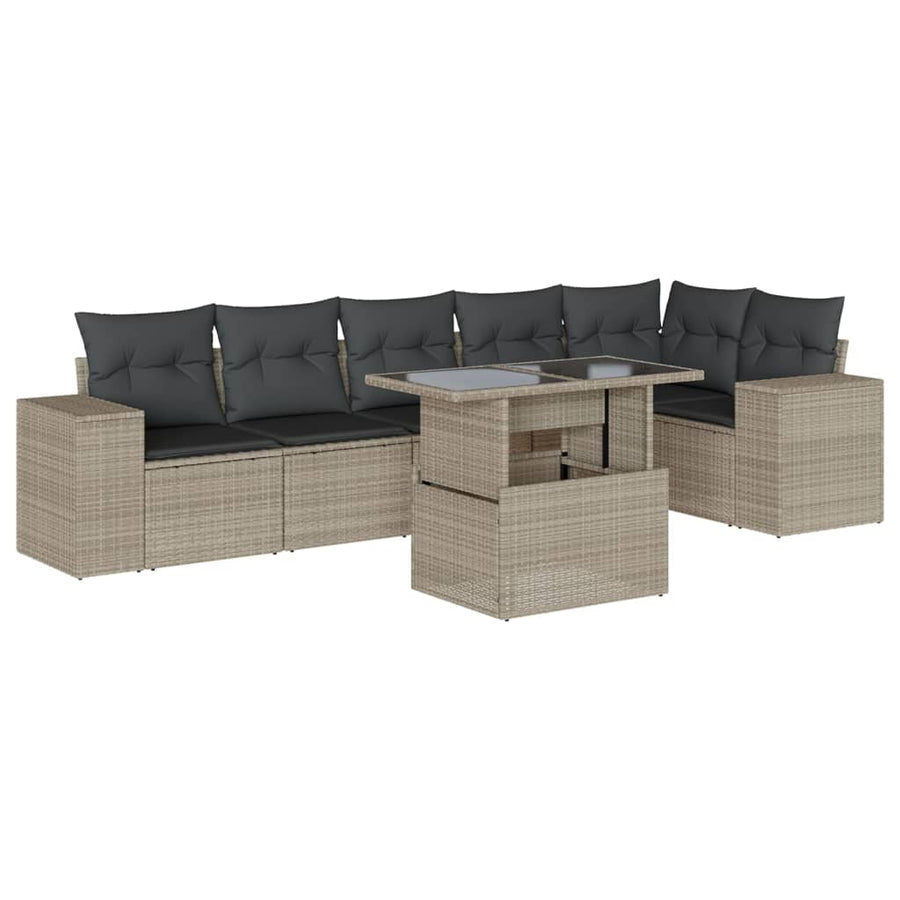 7-delige Loungeset met kussens poly rattan lichtgrijs