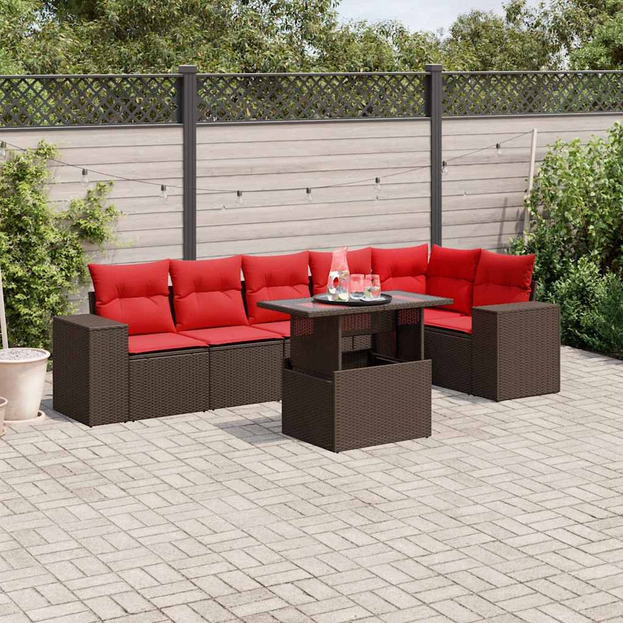 7-delige tuinbankset met kussens, bruin polyrotan