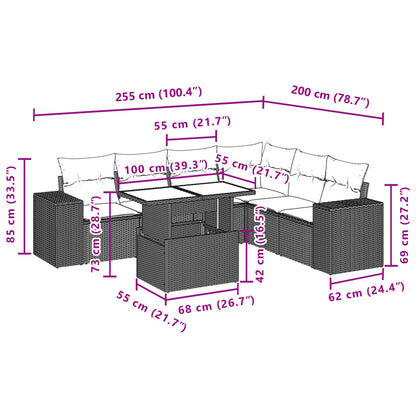 7-delige Loungeset met kussens poly rattan zwart
