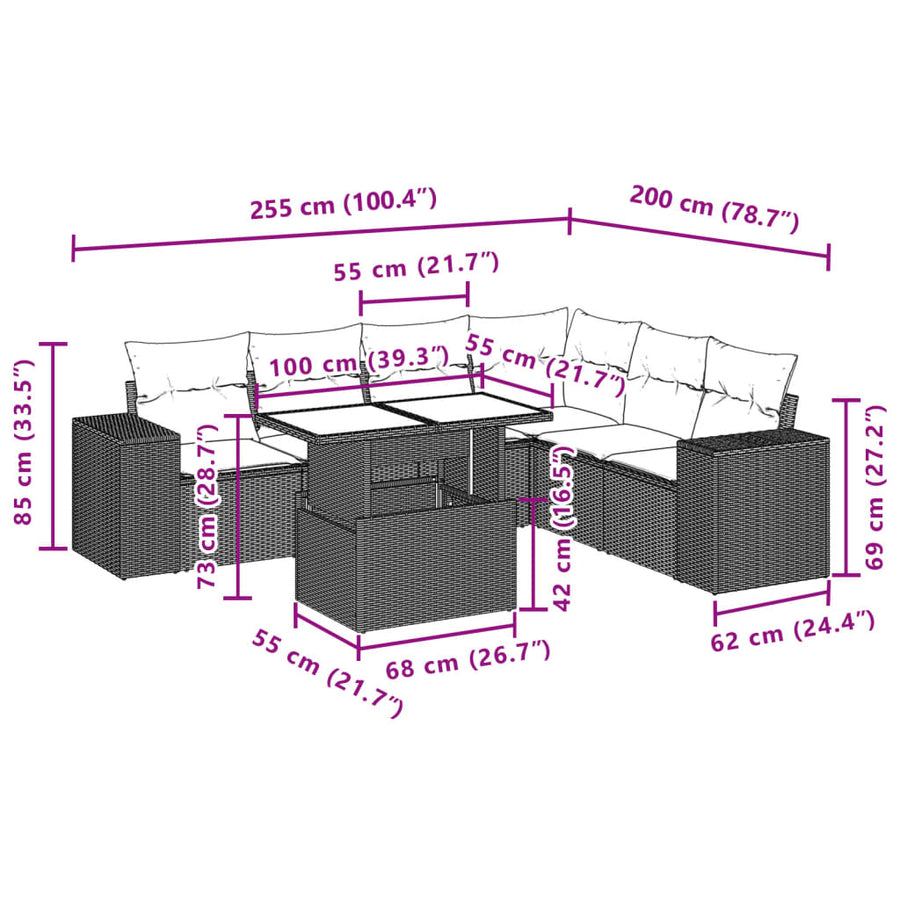 7-delige Loungeset met kussens poly rattan zwart