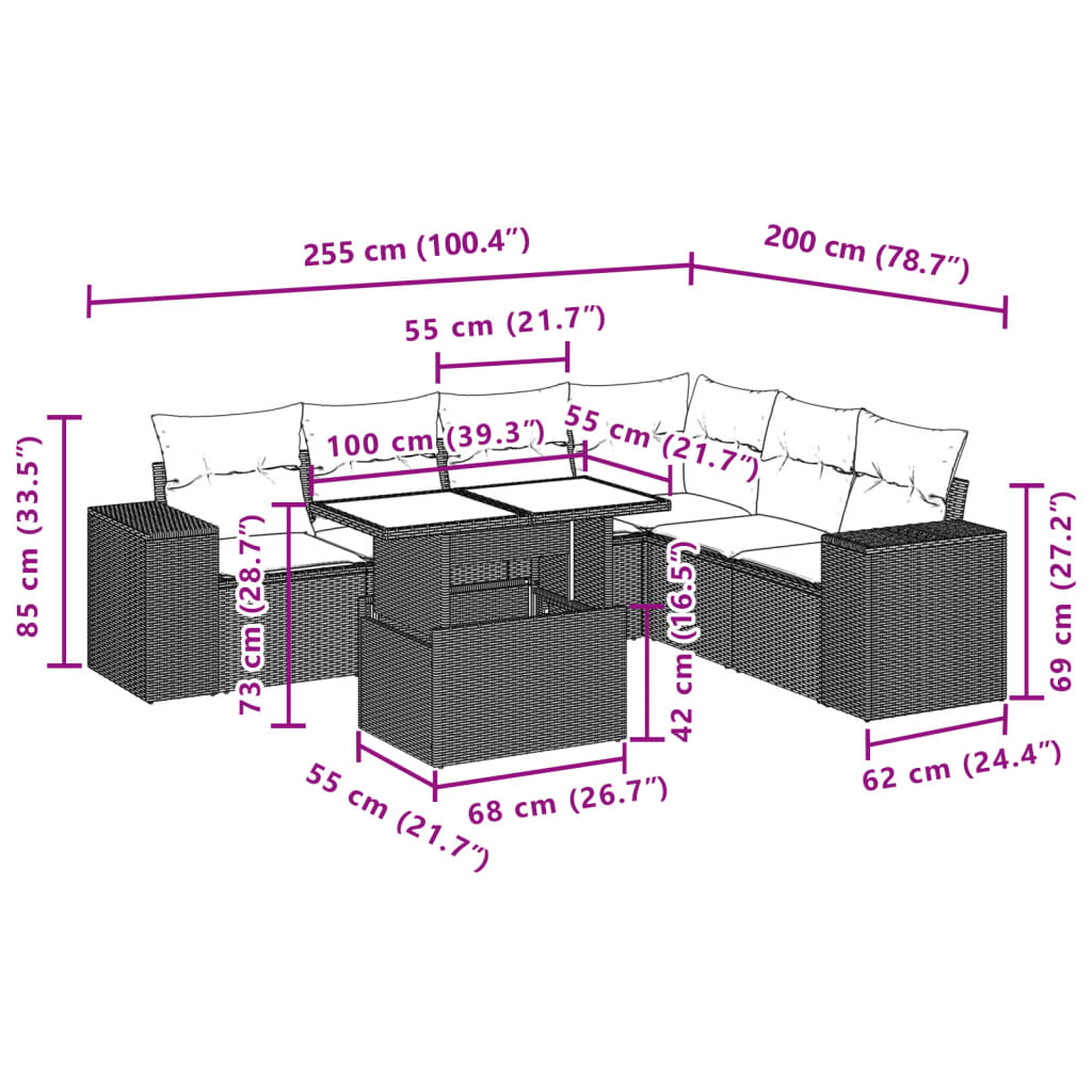 7-delige Loungeset met kussens poly rattan zwart