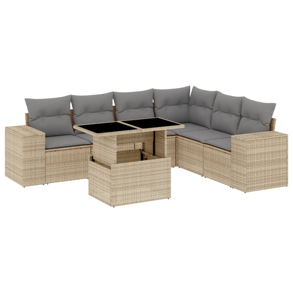 7-delige Loungeset met kussens poly rattan beige