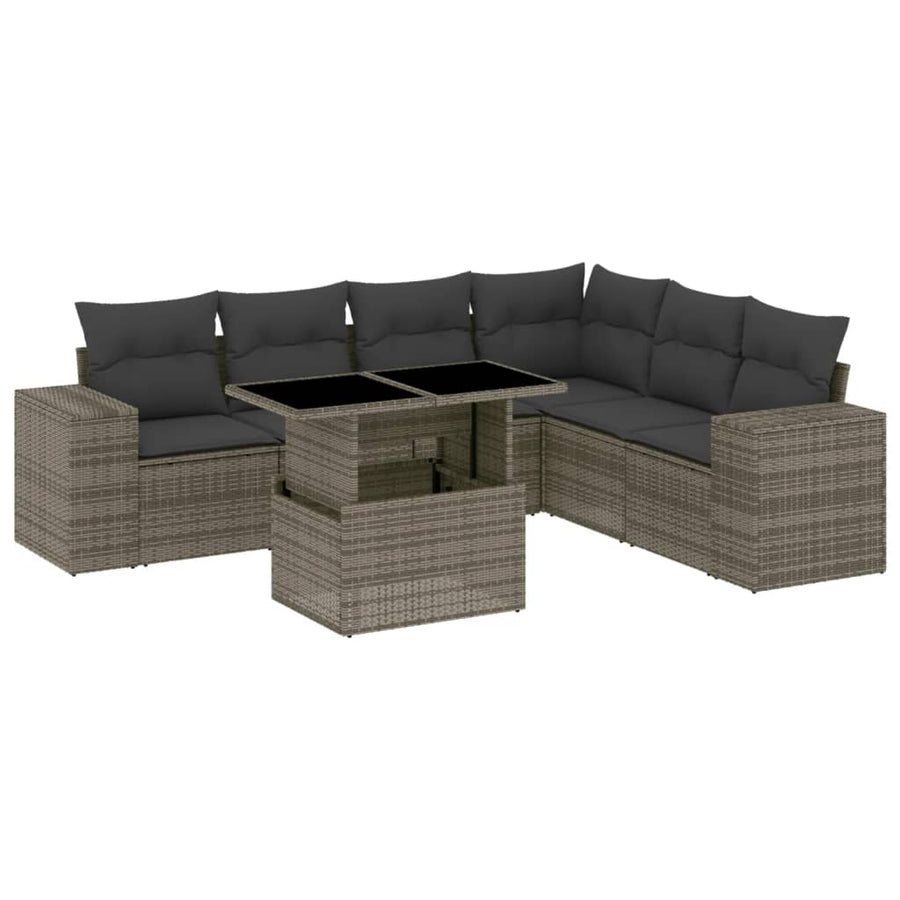 7-delige Loungeset met kussens poly rattan grijs