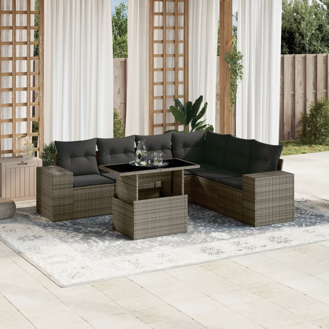 7-delige Loungeset met kussens poly rattan grijs