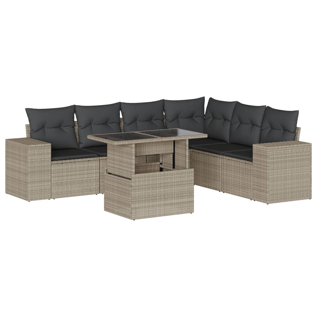7-delige Loungeset met kussens poly rattan lichtgrijs