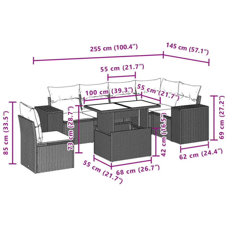 7-delige Loungeset met kussens poly rattan zwart