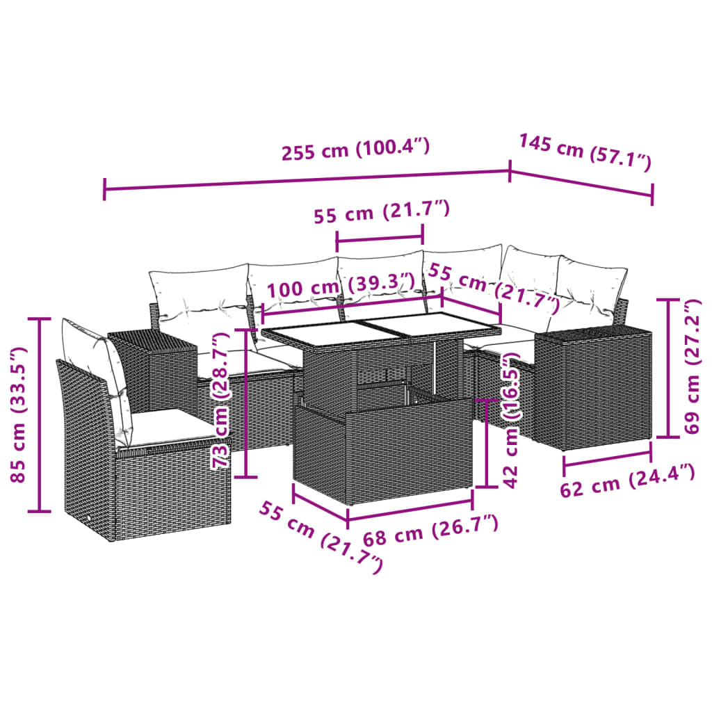 7-delige Loungeset met kussens poly rattan zwart