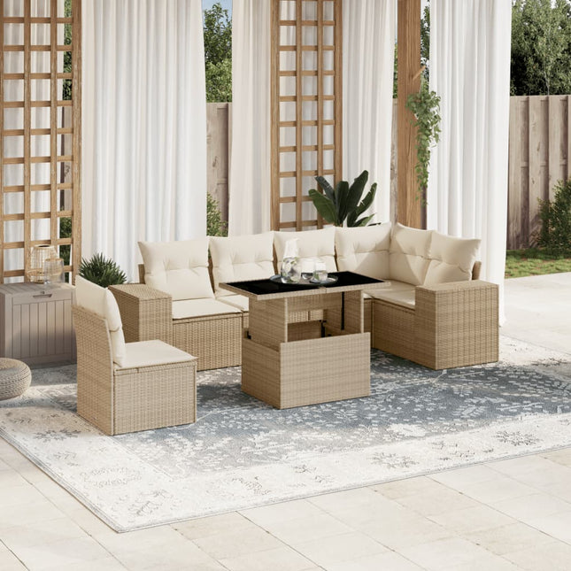 7-delige Loungeset met kussens poly rattan beige