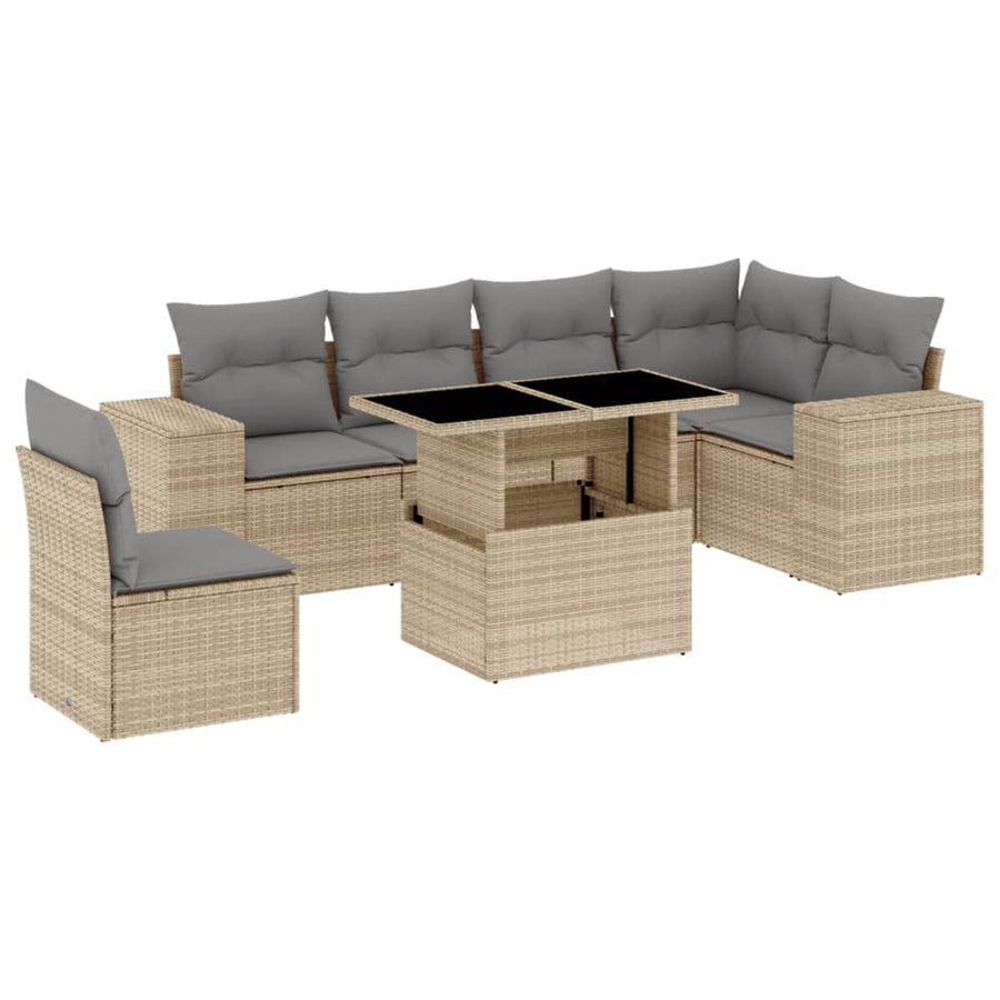 7-delige Loungeset met kussens poly rattan beige