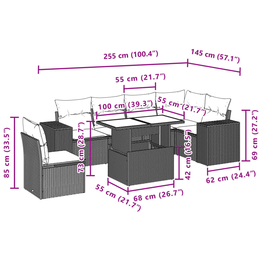 7-delige Loungeset met kussens poly rattan beige