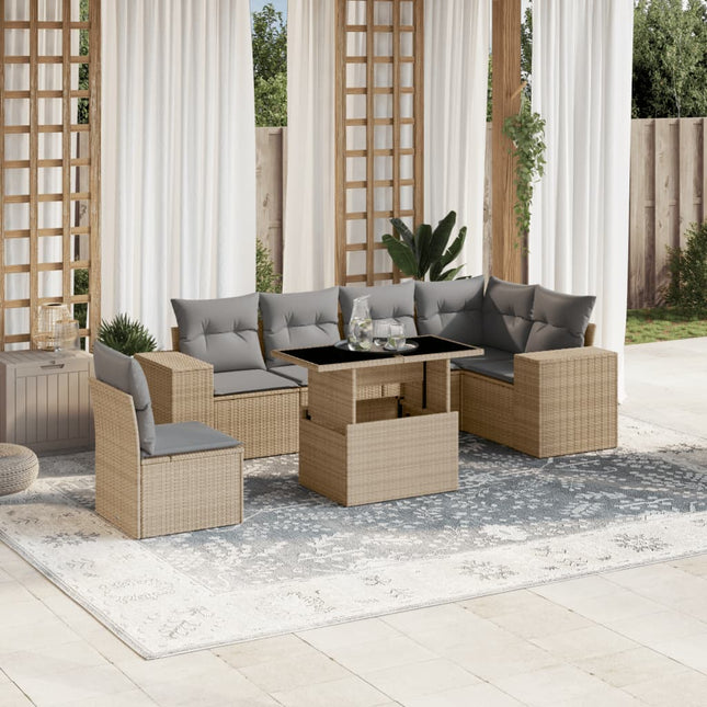 7-delige Loungeset met kussens poly rattan beige