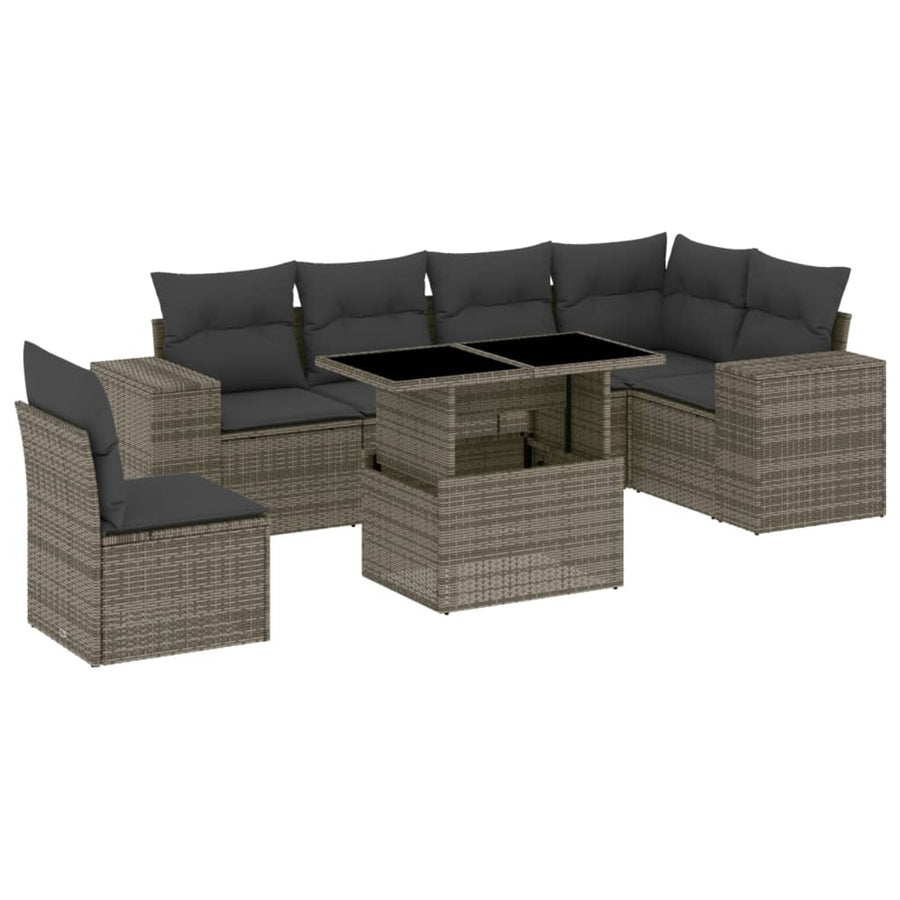 7-delige Loungeset met kussens poly rattan grijs