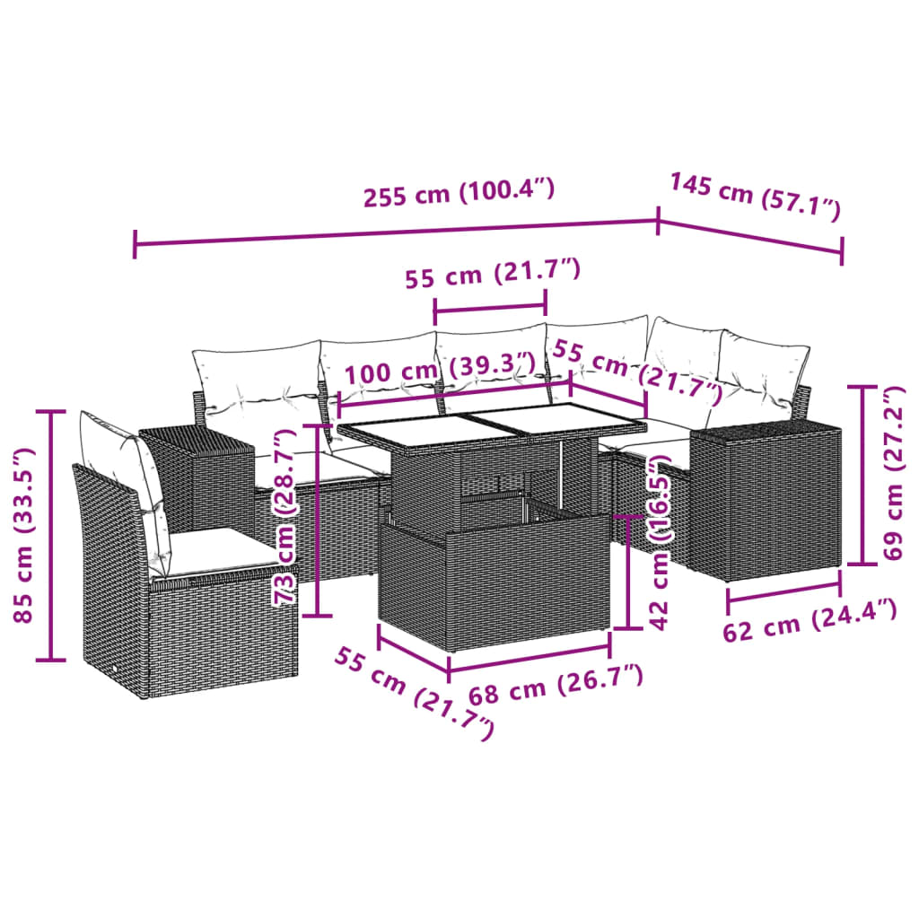 7-delige Loungeset met kussens poly rattan grijs