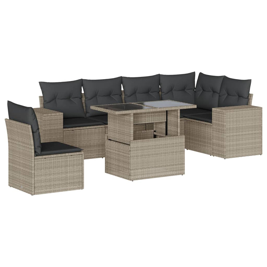 7-delige Loungeset met kussens poly rattan lichtgrijs