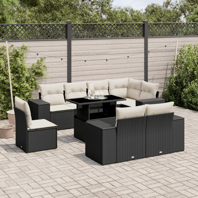 9-delige Loungeset met kussens poly rattan zwart