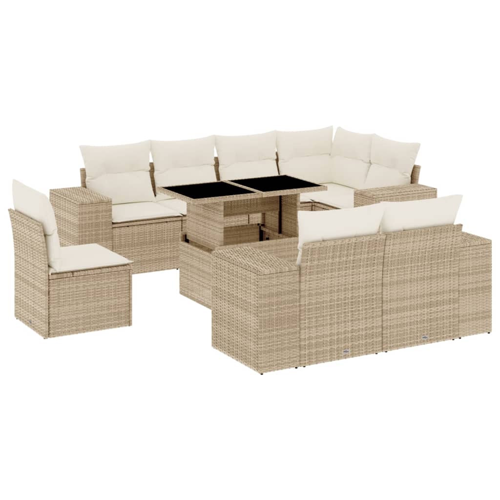 9-delige Loungeset met kussens poly rattan beige