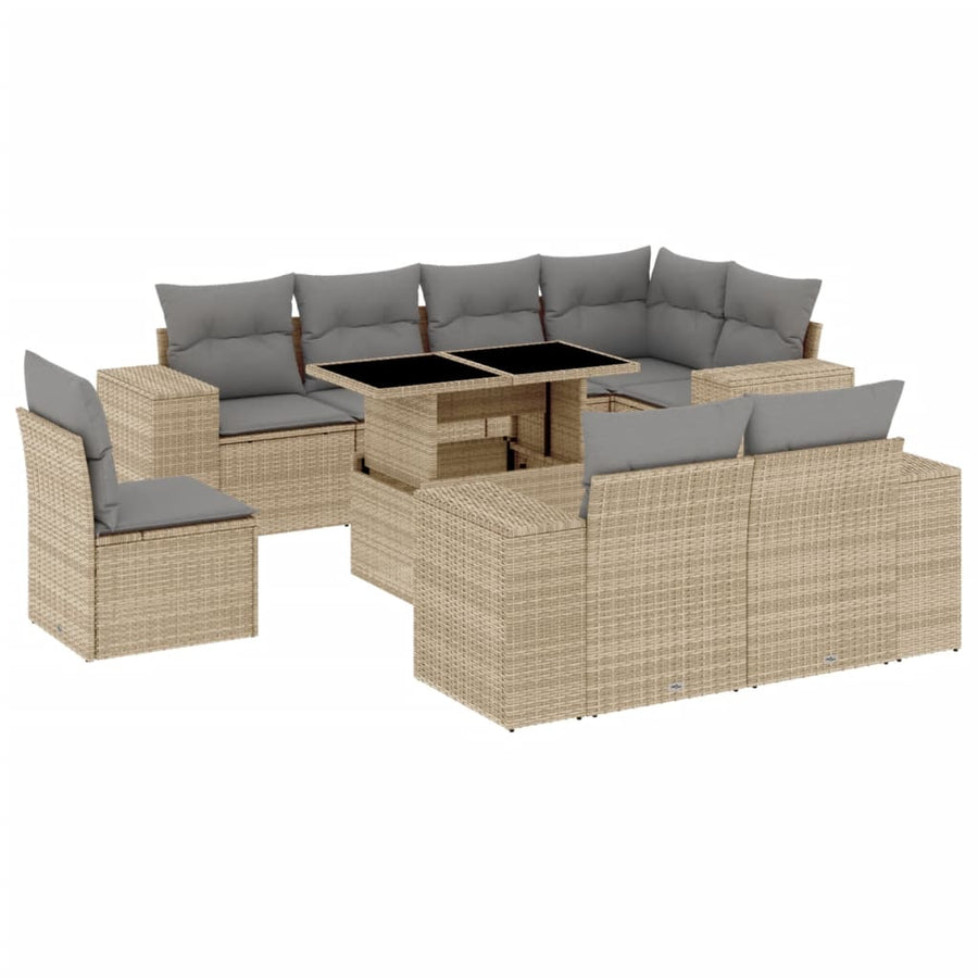 9-delige Loungeset met kussens poly rattan beige