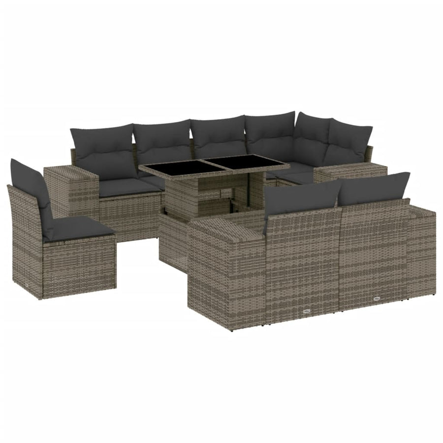 9-delige Loungeset met kussens poly rattan grijs