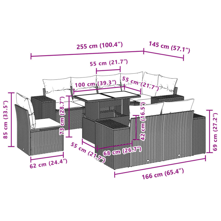 9-delige Loungeset met kussens poly rattan grijs