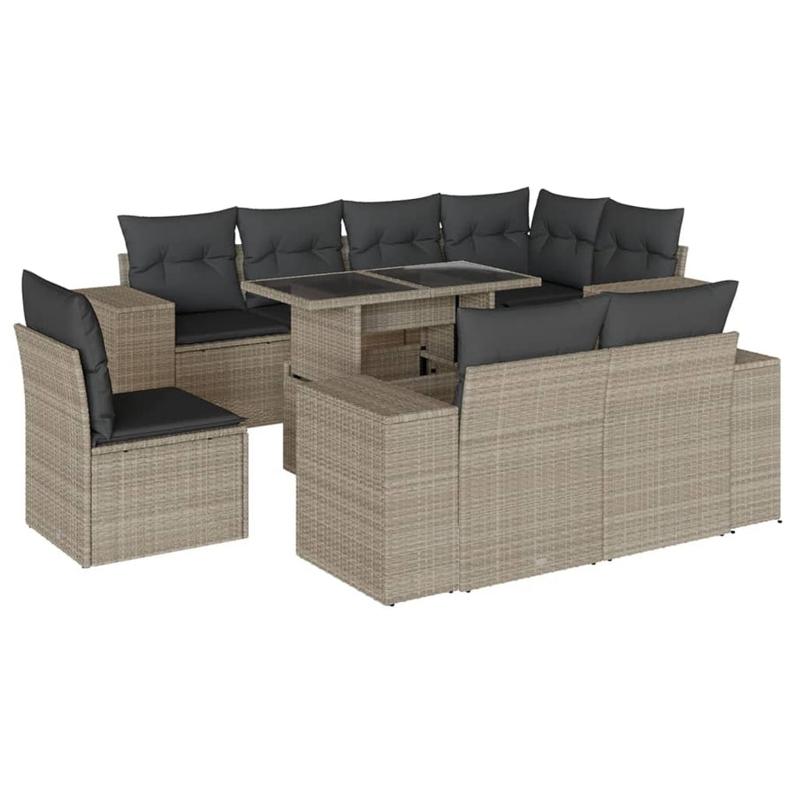 9-delige Loungeset met kussens poly rattan lichtgrijs