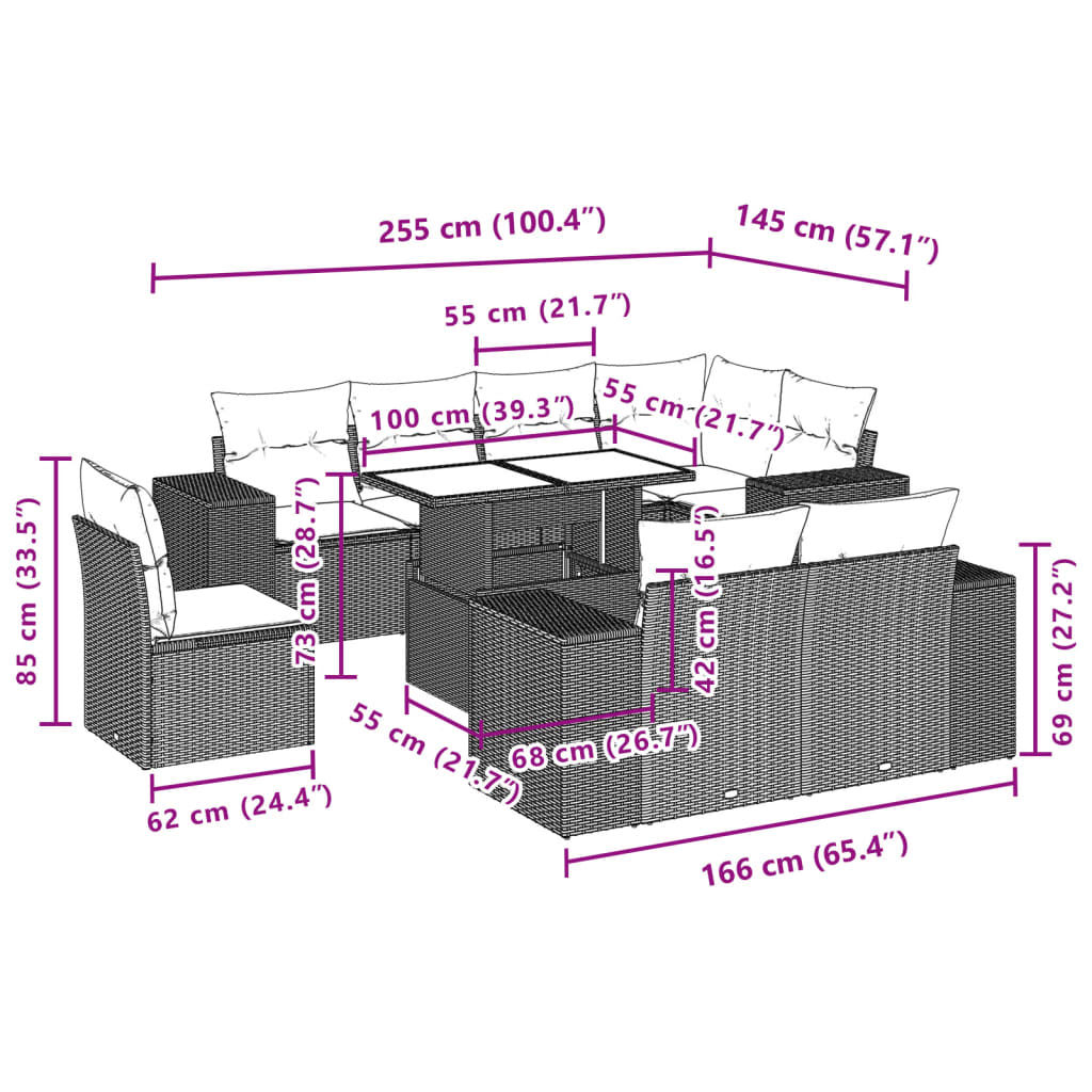 9-delige Loungeset met kussens poly rattan lichtgrijs