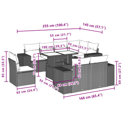 9-delige Loungeset met kussens poly rattan lichtgrijs