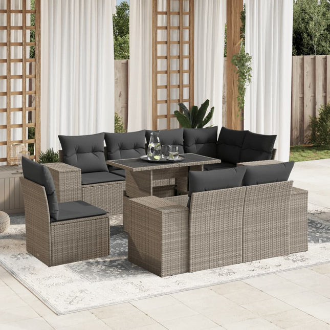 9-delige Loungeset met kussens poly rattan lichtgrijs