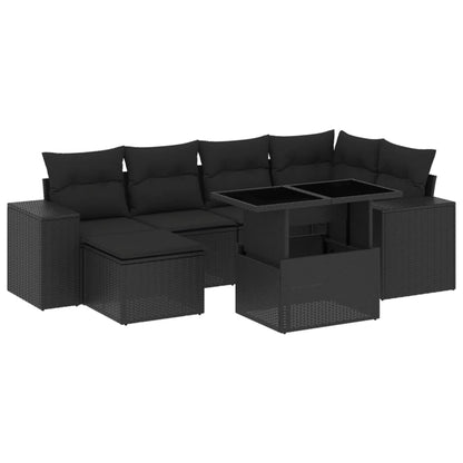 7-delige Loungeset met kussens poly rattan zwart