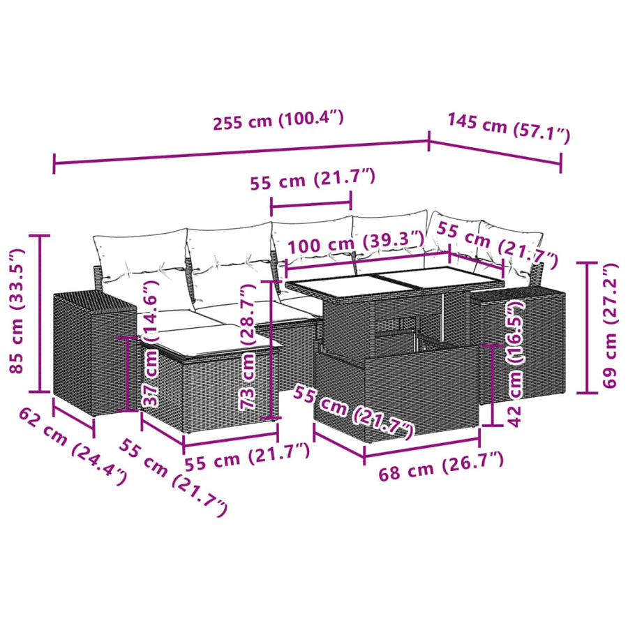 7-delige Loungeset met kussens poly rattan zwart