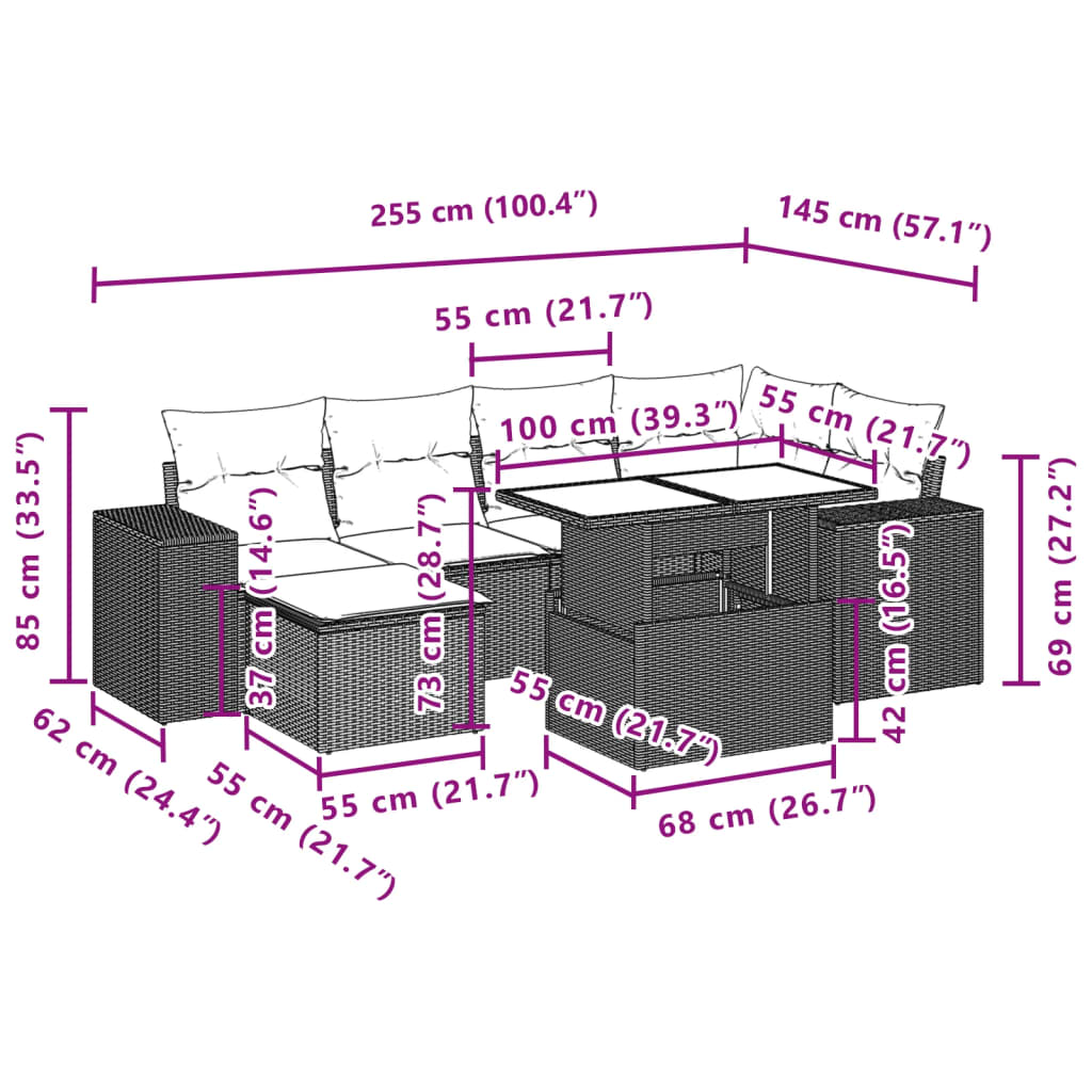7-delige Loungeset met kussens poly rattan zwart