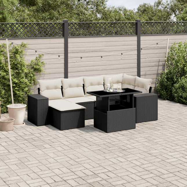 7-delige Loungeset met kussens poly rattan zwart