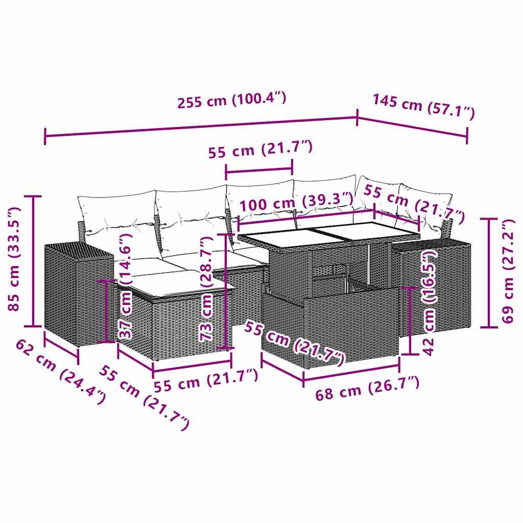 7-delige tuinbankset met kussens van zwart polyrotan