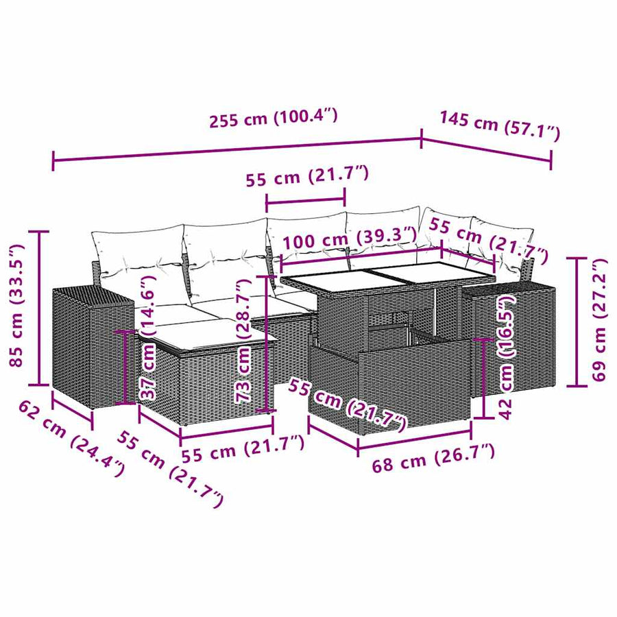 7-delige tuinbankset met kussens van zwart polyrotan