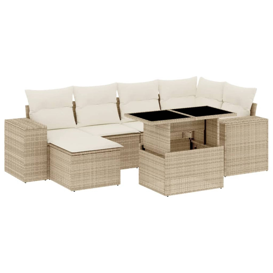 7-delige Loungeset met kussens poly rattan beige