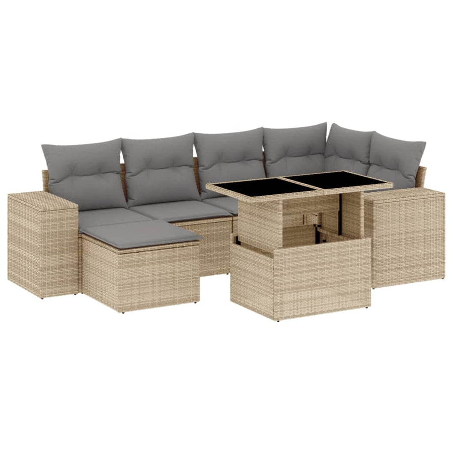 7-delige Loungeset met kussens poly rattan beige