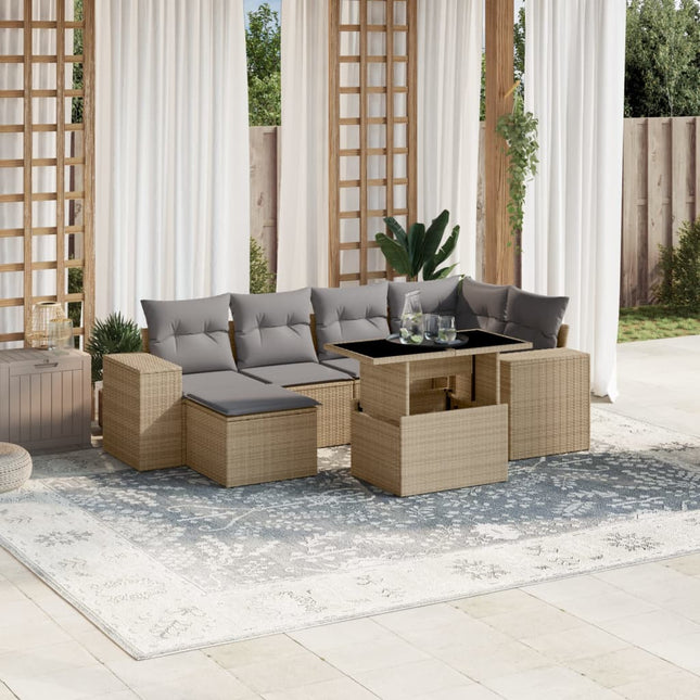 7-delige Loungeset met kussens poly rattan beige