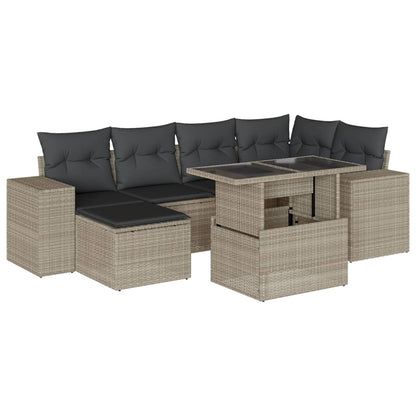 7-delige Loungeset met kussens poly rattan lichtgrijs