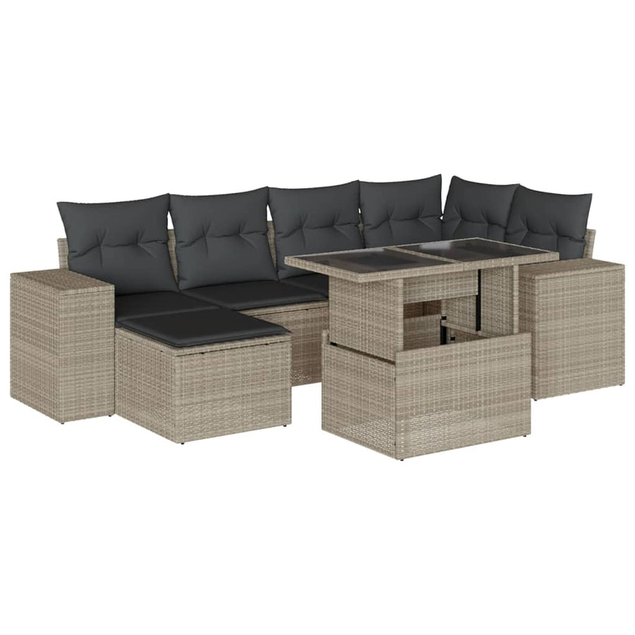 7-delige Loungeset met kussens poly rattan lichtgrijs