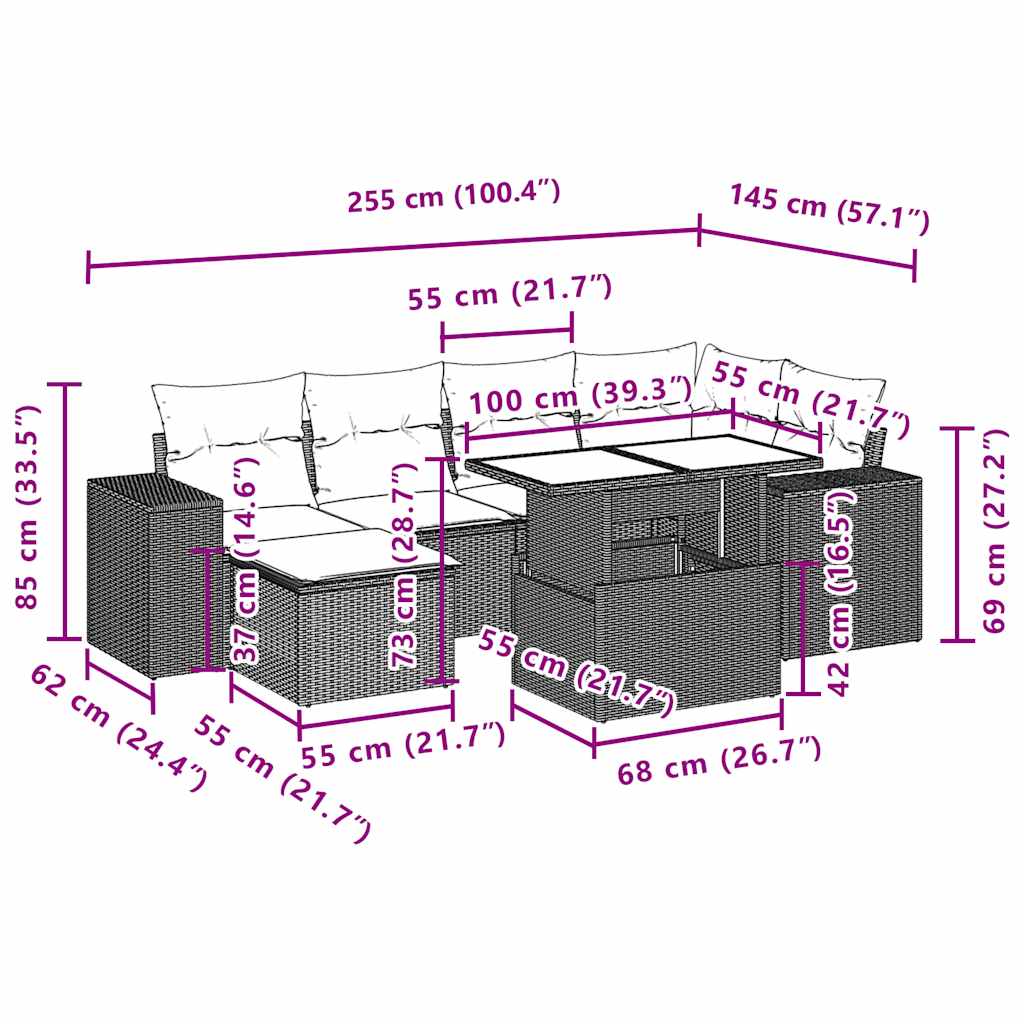 7-delige tuinbankset met kussens, bruin polyrotan