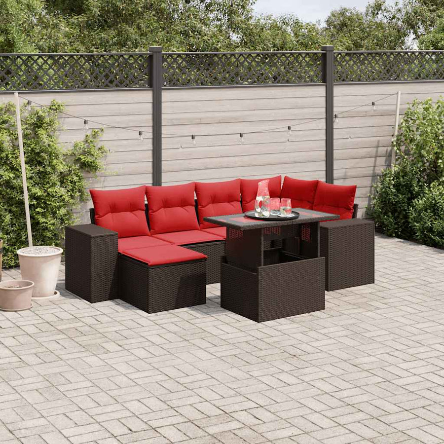 7-delige tuinbankset met kussens, bruin polyrotan