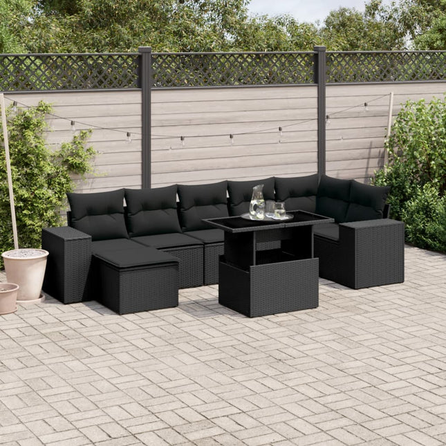 8-delige Loungeset met kussens poly rattan zwart