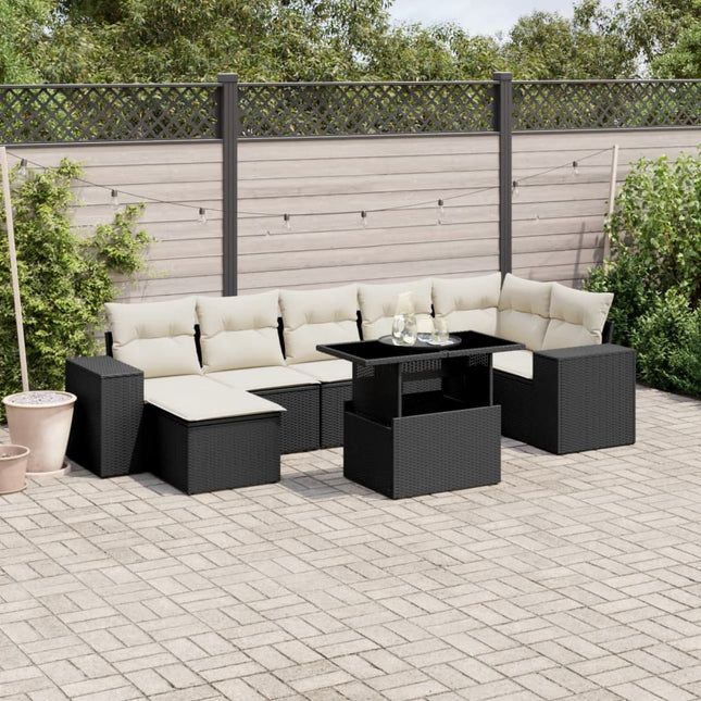 8-delige Loungeset met kussens poly rattan zwart