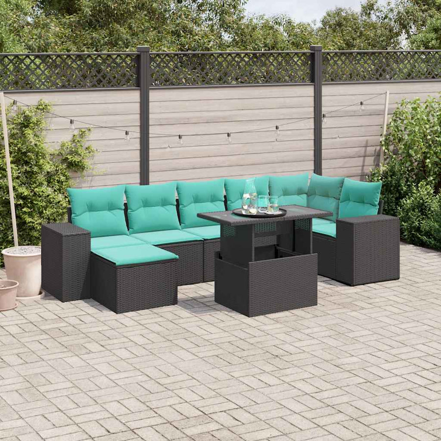 8-delige tuinbankset met kussens, zwart polyrotan